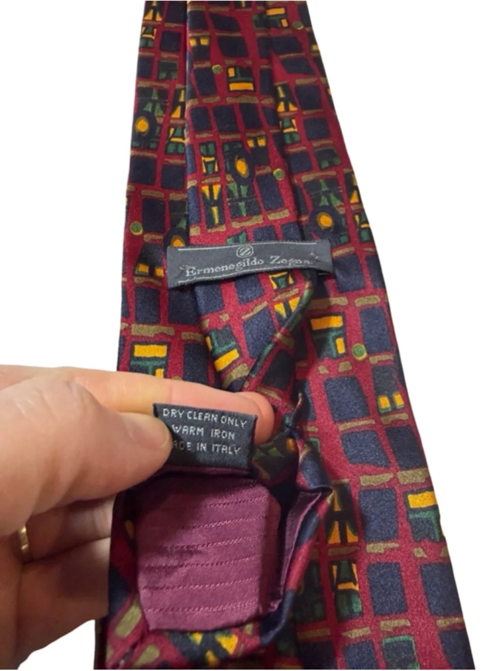 Ermenegildo Zegna Silk Tie Geometric Grid Red Navy Green Italy Luxury Designer